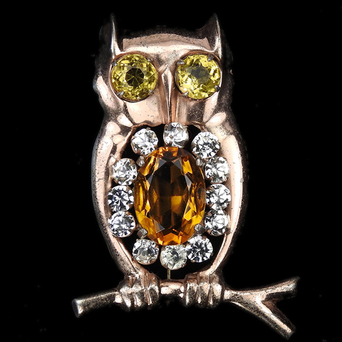 Sterling Gold Citrine and Topaz Owl on a Branch Bird Pin
