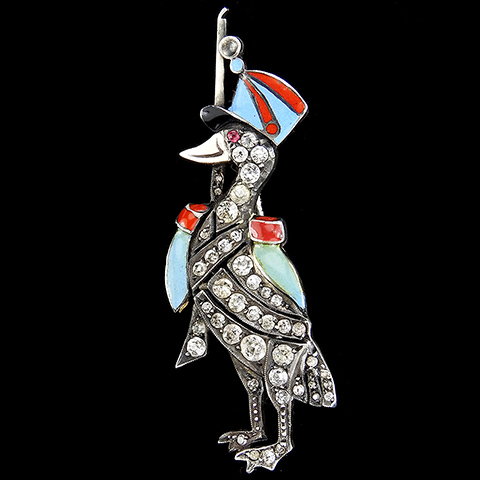 Deco Sterling Pave and Enamel French Duck or Goose Soldier with Rifle Tepis Hat and Epaulettes Pin