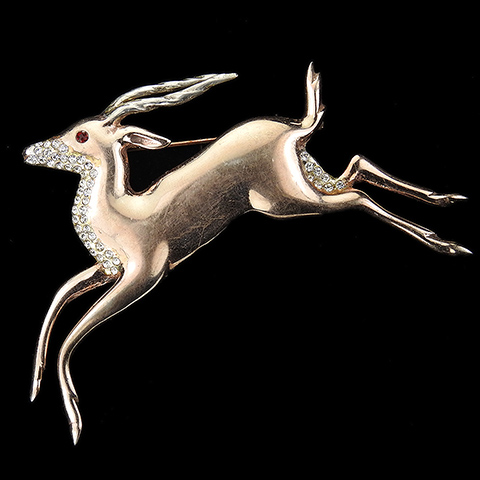 Gold and Pave Sterling Running and Leaping Deer Gazelle or Antelope Reindeer Pin