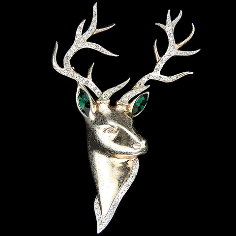 Sterling Gold and Pave Deer or Christmas Reindeer Stag with Antlers Pin