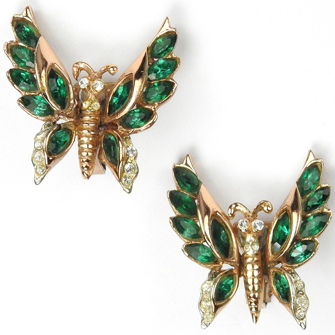 Gold and Emerald Butterfly Clip Earrings
