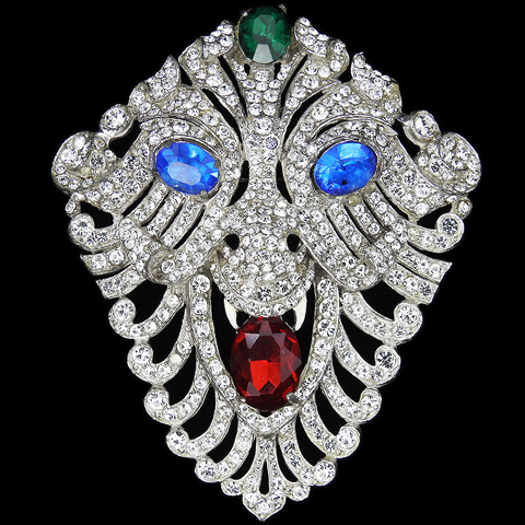 Staret Pave Ruby Emerald and Sapphires Lion Holding a Ruby in its Jaws Face Mask Pin