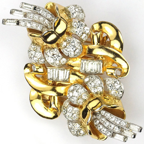 Coro Gold Pave and Diamante Baguettes Double Camellias Pin Clip Duette
