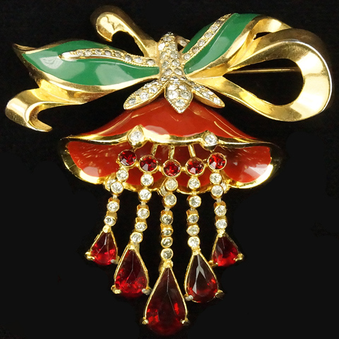 Coro Gold and Enamel Lotus Flower with Multiple Pendants and Golden Bowknot Pin