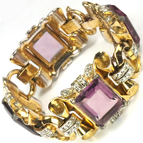 Coro Gold Scrolls Pave Highlights and Square Cut Amethysts Four link Bracelet