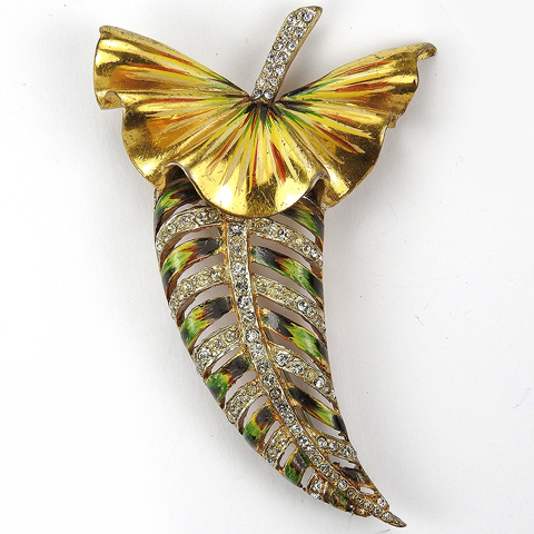 Corocraft Sterling Gold Pave and Enamel Tropical Leaf or Fruit Pin