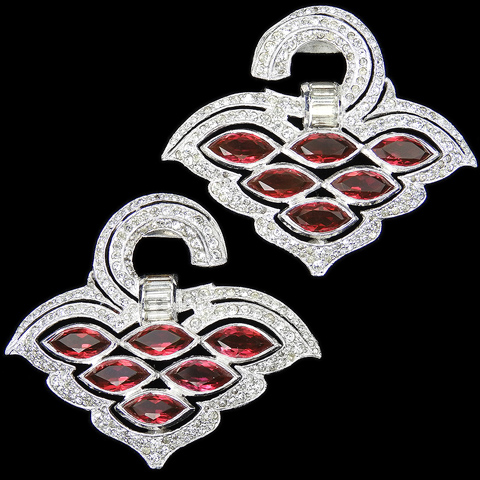 Coro (unsigned) Deco Pair of Pave Baguettes and Ruby Chatons Doorknocker Dress Clips