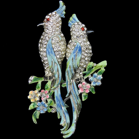 Coro Pave Blue and Green Cockatoos Pair of Love Birds Perching on a Flower Branch Pin Clip Duette