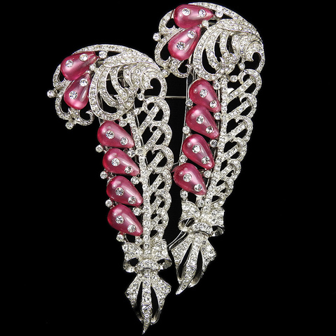 Coro Pave and Pink Topaz Shoebutton Cabochons Giant Peacock Feathers with Bows Pin Clips Duette 