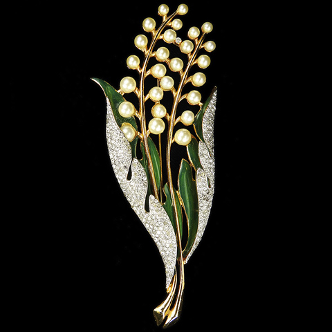 Coro 'Gene Verrecchio' Pave Enamel and Pearls Giant Lily of the Valley Flower Pin