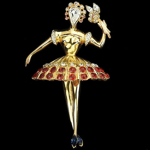 Corocraft Sterling Gold Pave and Rubies Ballerina with Single Flower Bouquet Pin