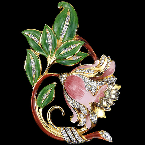 Coro Gold Pave and Enamel Passion Flower on Branch with Trembler Stamens Pin