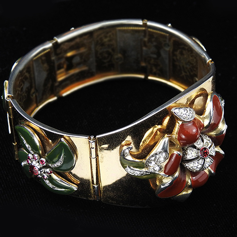 Coro Gold Pave Sapphire and Enamel Lily Flowers Multiple Hinged Bangle Bracelet 