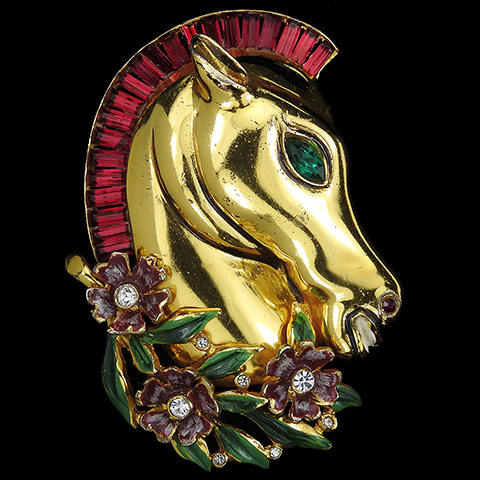 Corocraft Sterling Golden Horse Head with Enamelled Flower Branch and Invisibly Set Ruby Mane Pin Clip