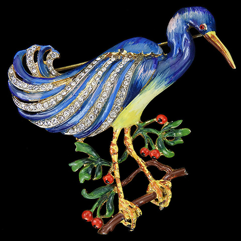 Corocraft Sterling Gold Pave and Enamel Crane Perching on a Branch with Berries Bird Pin