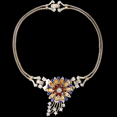 Corocraft Sterling 'Shining Stars' Gold Ruby and Sapphire Spangles Shooting Star Flower Necklace