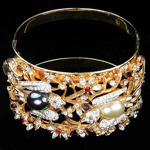Corocraft 'Lovebirds' Gold Pave and Pearl Flowers Birds and Bees Bangle Bracelet