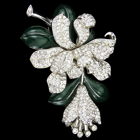 Corocraft Pave and Green Enamel Leaves Giant Hanging Orchid Flower Pin