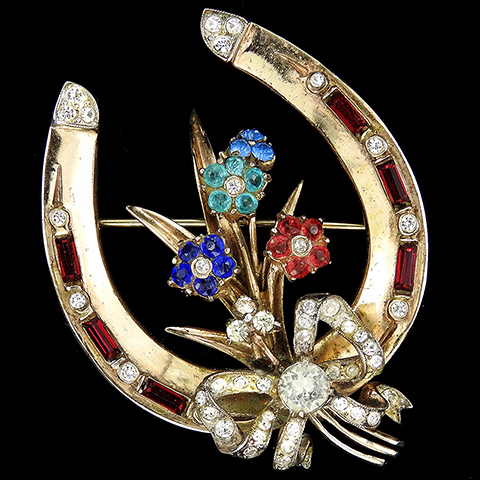 Corocraft Sterling Gold Pave and Multicolour Stones Horseshoe and Flower Bouquet with Bow Pin