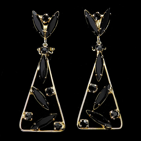 Vendome (unsigned) Onyx and Gold Openwork Triangles Pendant Clip Earrings