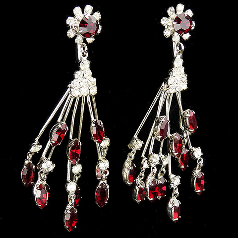 Vendome Ruby Navettes and Silver Rays Starburst Pendant Clip Earrings