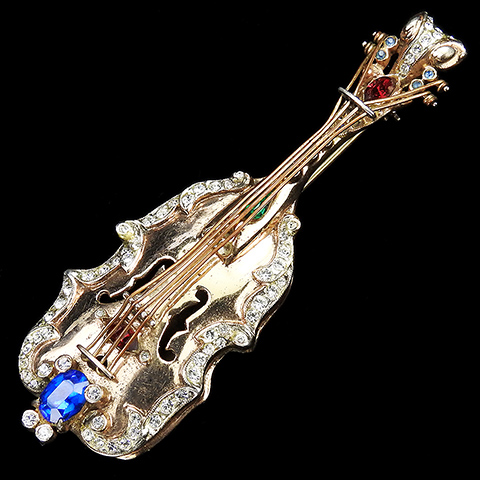 Corocraft Sterling Gold Pave Ruby Sapphire and Emerald 'Carnegie Hall' Jewelry Large Violin Musical Instrument Pin