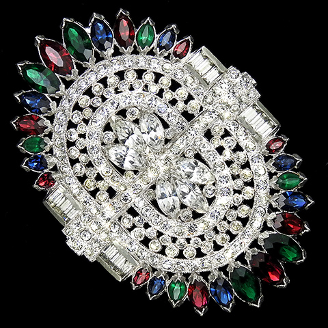 Coro Pave Baguettes and Tricolour Navettes Jewels of India Style Double Semicircular Shield Pin