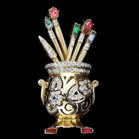 Coro Gold Pave and Multicolour Stones Painter's Artist Brushes in an Openwork Flower Pot Pin