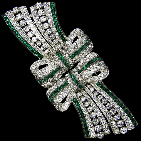 Coro 'Adolph Katz' Deco Pave and Invisibly Set Emeralds Double Bow Duette