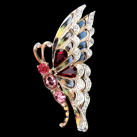 Corocraft Sterling Gold Pave Pink Topaz Ruby and Enamel Butterfly Pin Clip