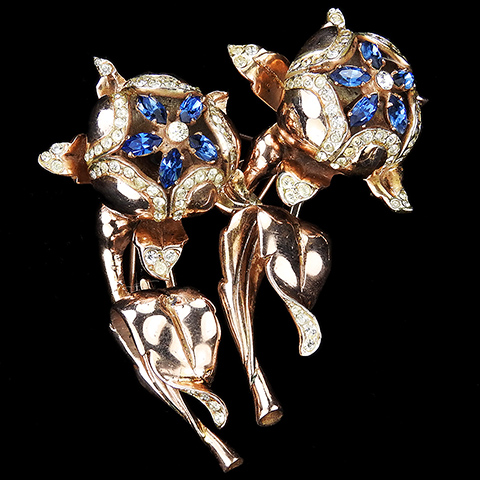 Coro Sterling Gold and Sapphires 'Sparkling Peonies' Star Flowers Duette