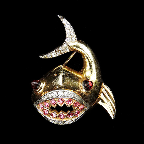 Corocraft Sterling Gold Pave Pink Topaz Teeth and Ruby Cabochon Eyes Shark Fish Pin