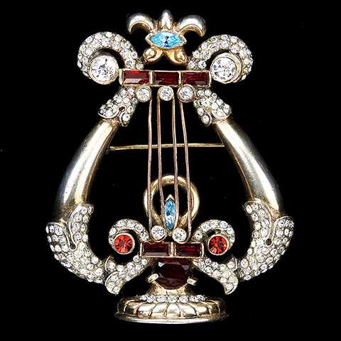 Corocraft Sterling Gold Pave and Multicolour Stones Gilded Lyre or Harp Musical Instrument Pin