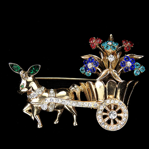 Corocraft Sterling Gold Pave and Multicolour Stones Donkey and Flower Cart Pin