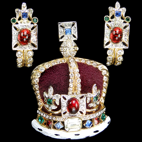 Corocraft Gold Pave Multicolour Stones Velvet and Enamel Royal Coronation Imperial State Crown Pin and Clip Earrings Set