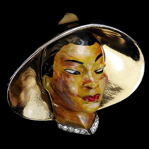 Coro Gold Pave and Enamel Chinese Woman with Hat Pin