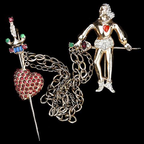 Corocraft Sterling Gold Pave Enamel and Ruby Heartsick Knight with Rapier and Sword Piercing a Heart Chatelaine Pins