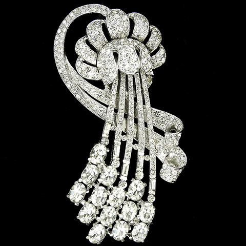 Coro Pave and Diamante Baguettes Openwork Floral Swirl with Bow Giant Flower Pin