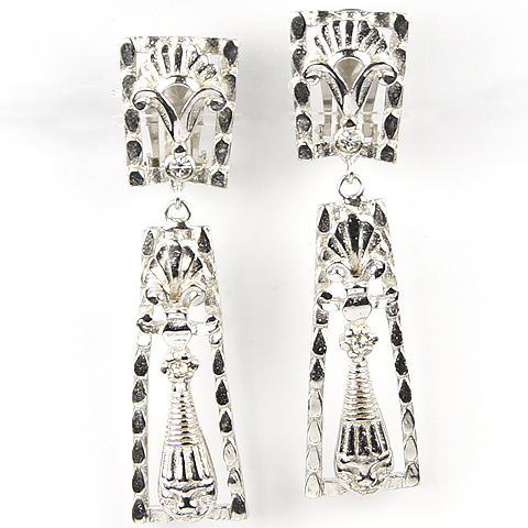 Mosell Silver Lattice Egyptian Motif Pendant Clip Earrings