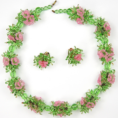 Italian Pink and Green Poured Glass Flowers and Leaves Necklace and Clip Earrings Set