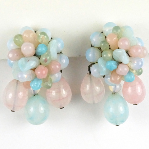 Rousselet Pastel Pink Green and Blue Poured Glass Flower Clusters Pendant Clip Earrings