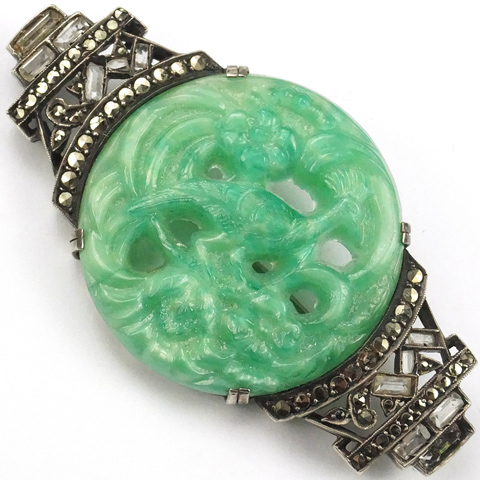 Deco Germany Sterling Marcasites and Jade Peacock Scene Bar Pin