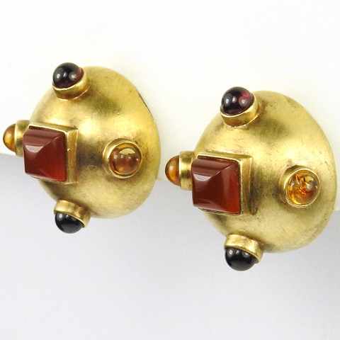 M Salieri Garnet Citrine and Gold Plated Sterling Dome Button Clip Earrings