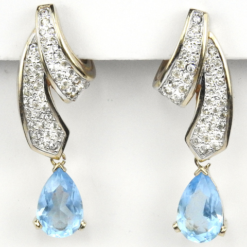 Panetta Gold and Pave Swirls and Pendant Blue Topaz Pierced Earrings