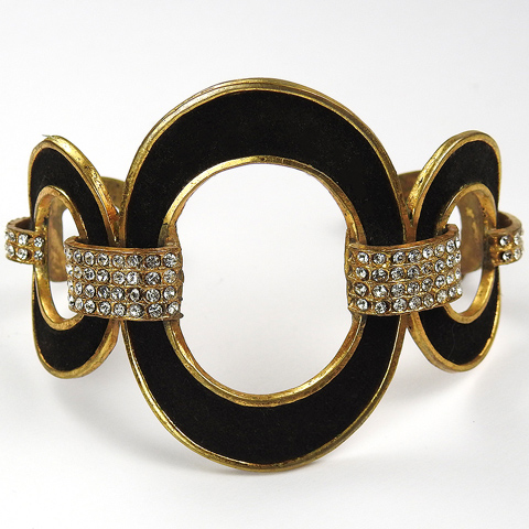Henry a la Pensee Made In France Gold Pave and Black Velvet Linked Ovals Cuff Bangle Bracelet
