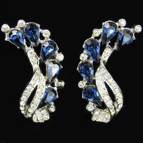 Polcini (unsigned) Pave and Sapphire Swirl Clip Earrings