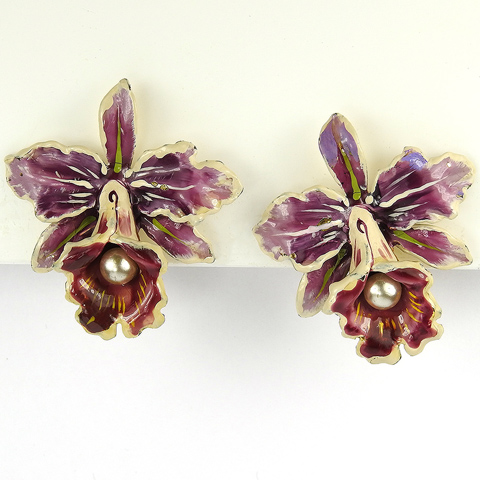 Walter Lampl Sterling Pearl and Enamel Orchid Clip Earrings