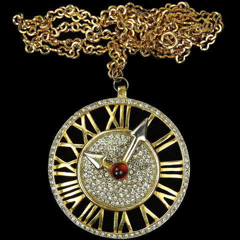 Castlecliff Gold Pave and Ruby Cabochon Clock Face with Moveable Hands Pendant Necklace