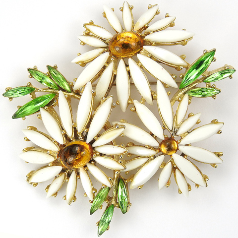Art (after Schreiner) Citrine Cabochon Emeralds and Ivory Petals Triple Daisy Flower Pin