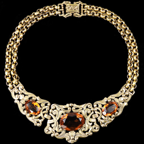 Rice Weiner 'Louis C Mark' Gold Chains, Filigree Scrolls and Topaz Collar Necklace
